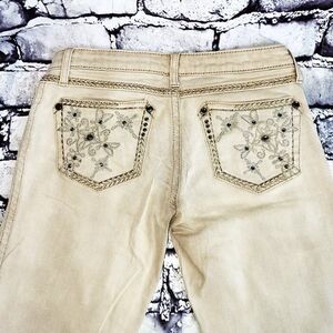 Rock 47 Wrangler fawn color ultra low rise metallic accent gems jeans
